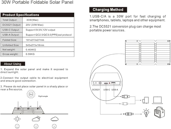 Portable Solar Panels 30W Foldable Solar Panel Charger for Cell Phone Pad Tablet,Type-c/USB/DC 19.5V Output(10 Connectors) >26% 30Watt ETFE High Efficiency IP65 for Camping Backpacking Travel