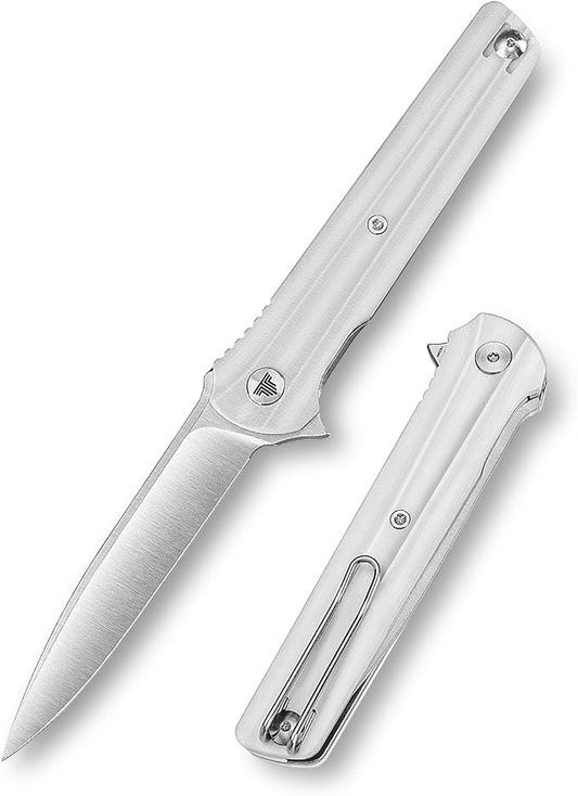 EDC Pocket Knife for Men,Folding Knives with Reversible Clip,Liner Lock 3.4'' Satin 14C28N Steel Blade,White G10 Handle,Seagull-W