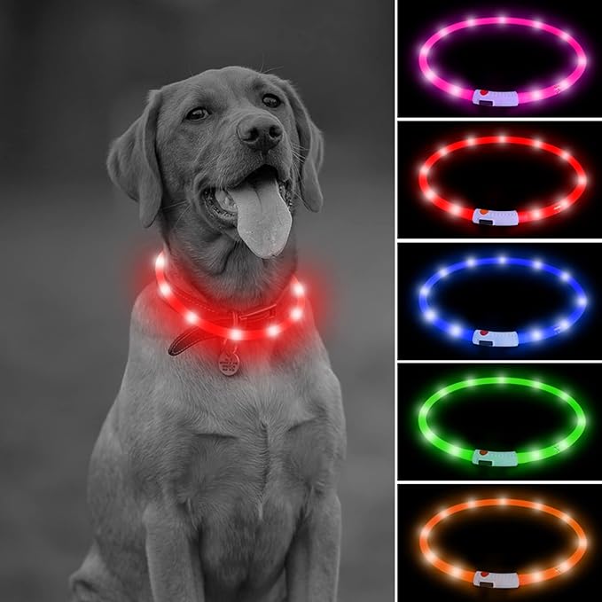 Illumifun Led Dog Collar, USB Rechargeable LED Dog Necklace Light, Silicone Light Up Dog Collars Glow in The Dark (Red-Silicone)
