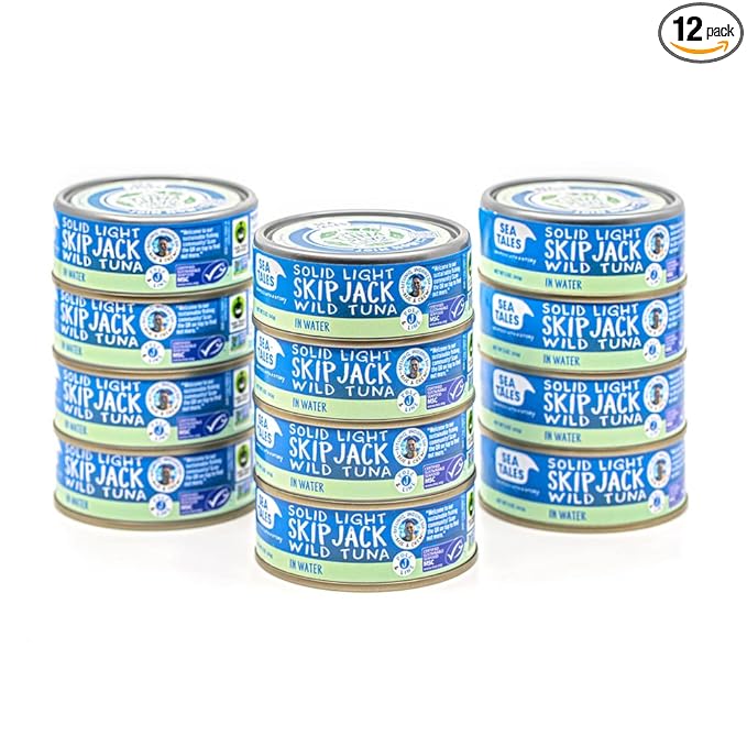Sea Tales Solid Light Skipjack Canned Tuna in Water - 100% Pole & Line Wild Sustainably Caught - Fair Trade Certified - High Protein Food - Keto Friendly - 5 oz. Cans (Pack of 12)