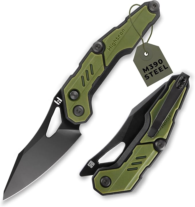 Hightron Spectron Pocket Knife, 3.05" M390 Blade and Nylon Fiber Handle, Folding Tactical Knife for Men Women Everyday Carry Clip-On Pocket Knives for Camping Hunting Green&Black