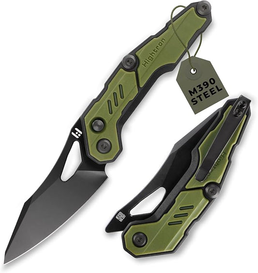 Hightron Spectron Pocket Knife, 3.05" M390 Blade and Nylon Fiber Handle, Folding Tactical Knife for Men Women Everyday Carry Clip-On Pocket Knives for Camping Hunting Green&Black