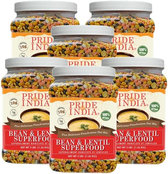 Pride Of India - PACK of 6 - Indian Bean & Lentil Superfood 5 Delicious Panchratna Dal Mix, 3 lbs Jar