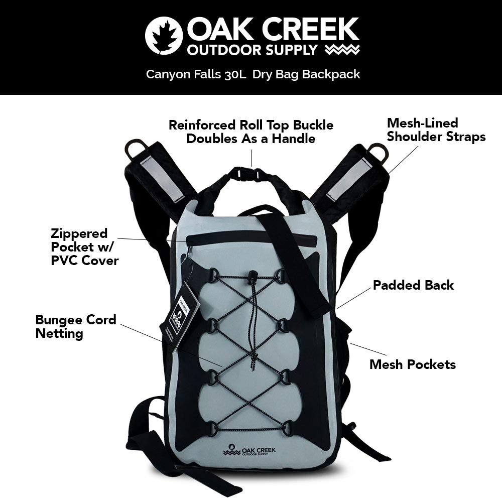 Oak Creek Canyon Falls 30L Dry Bag Backpack. Premium Waterproof Backpack with Padded Shoulder