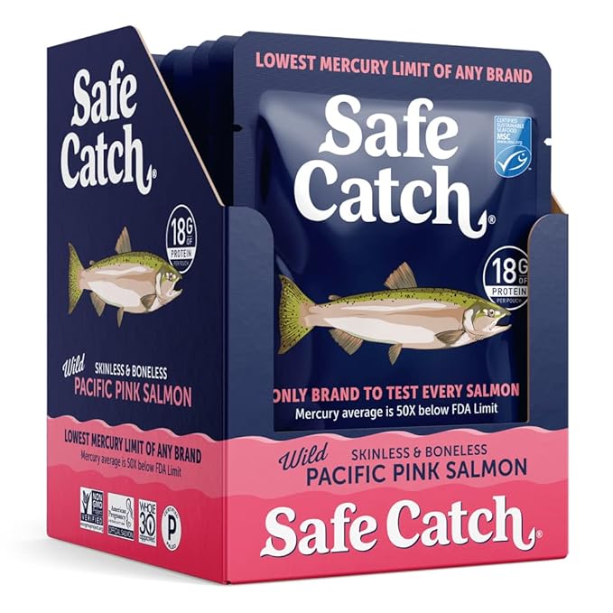 Safe Catch Wild Pacific Pink Salmon Skinless Boneless Wild-Caught Salmon Fish Pouch, Mercury Tested, Kosher, 12-Pack Salmon Pouches 3oz Packets