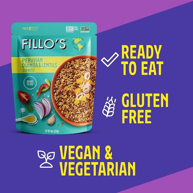 Fillo's Peruvian Quinoa And Lentils - Ready To Eat Quinoa With Lentils, Gluten-Free, Preservative-Free, Microwavable Meals, Non-GMO, Vegan, 8 oz Pk of 6
