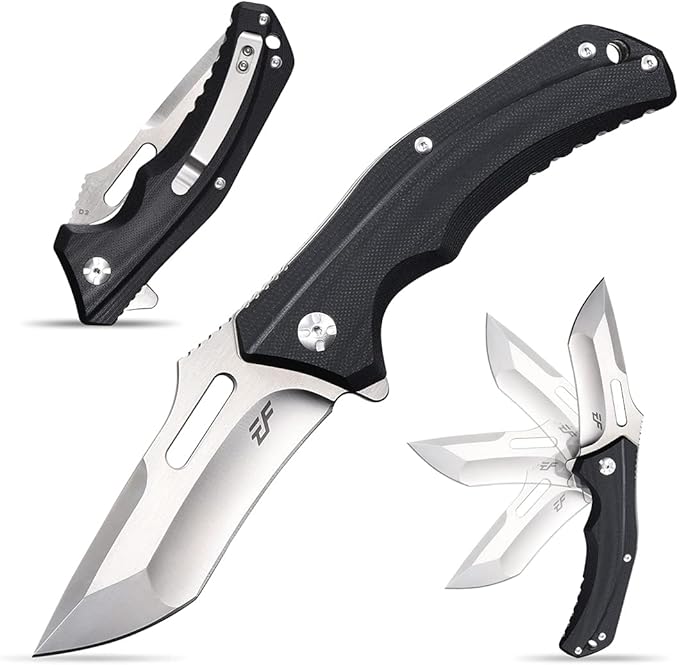 Eafengrow EF908 Pocket Knife Sanding Finished D2 Steel Blade G10 Handle Pocket Clip and Liner Lock with Titanium Coating Tactical Camping Survival Tool Knives (BLACK)