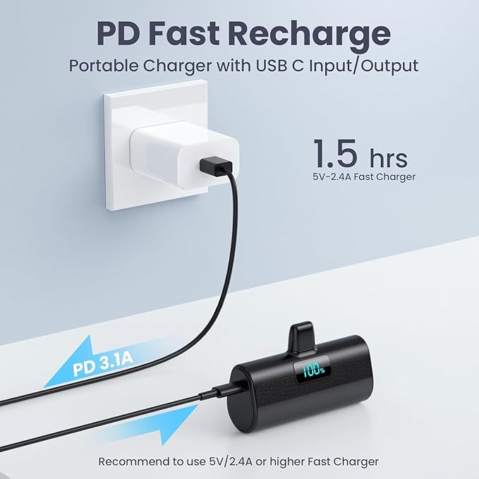 [2 Pack] Mini Portable Charger 5200mAh for iPhone, 20W PD Fast Charging Power Bank, Ultra-Compact Battery Pack LCD Display Portable Phone Charger for iPhone 14/13/12/11/X/8/7/6-Pure White+Dark Black