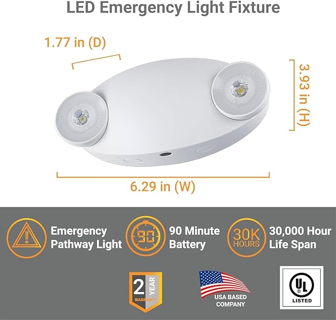 Diodesy- LED Emergency Light Fixture 2 Head Adjustable 90-Min Battery Backup 2W 6500K Daylight 200LM Commercial Fire-Resistant Wall/Ceiling Mount for Business Power Failure Outage Exit Sign 120-277V
