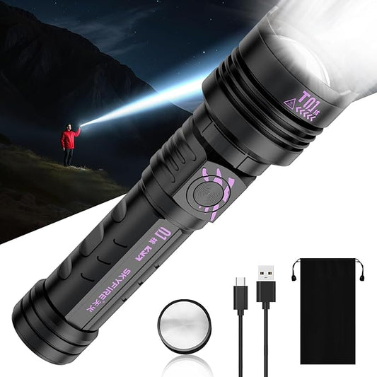 SKYFIRE Rechargeable Flashlights High Lumens: LED Super Bright Flashlight Zoomable with 5 Modes IPX6 Waterproof Handheld Powerful Flash Light for Camping,Emergenciesr,Home&Gifts（with Ignition Lens）