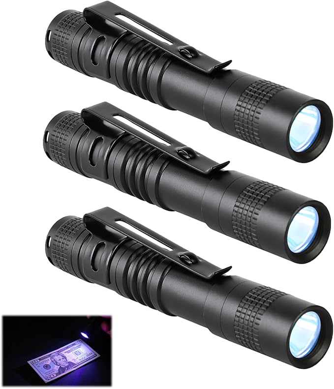 Mini Pocket Flashlight, Small LED Pen Light with Clip, 500 Lumen Torch Powered by AAA Battery, Portable Versatile for Inspection Medical Repair Camping Outdoor Emergency (3.5" 3 Pack Purple)