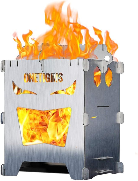 OneTigris Camping Backpacking Stove Portable Foldable Burning Wood Stove for Outdoor Hiking Picnic BBQ,Stainless Steel (Medium)