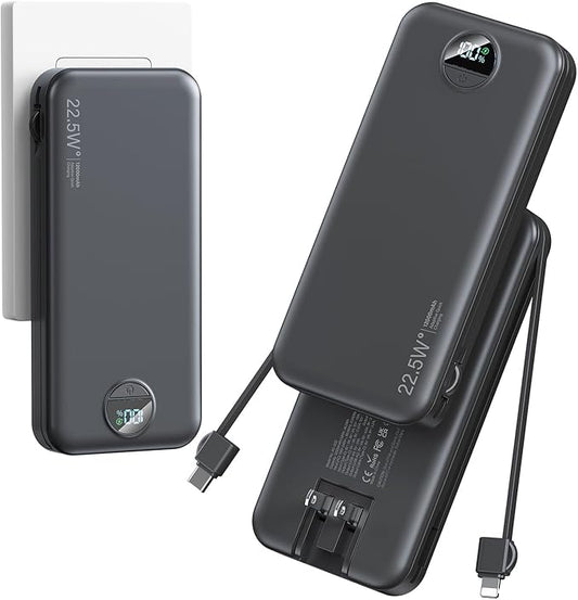 12000mAh Ultra-Portable-Charger-Power-Bank with Built in Cables&AC Wall Plug,PD20W USB-C Fast Charging Cell Phone Charger Battery Pack,LED Display Travel Battery Bank for All iPhone,Samsung,Android