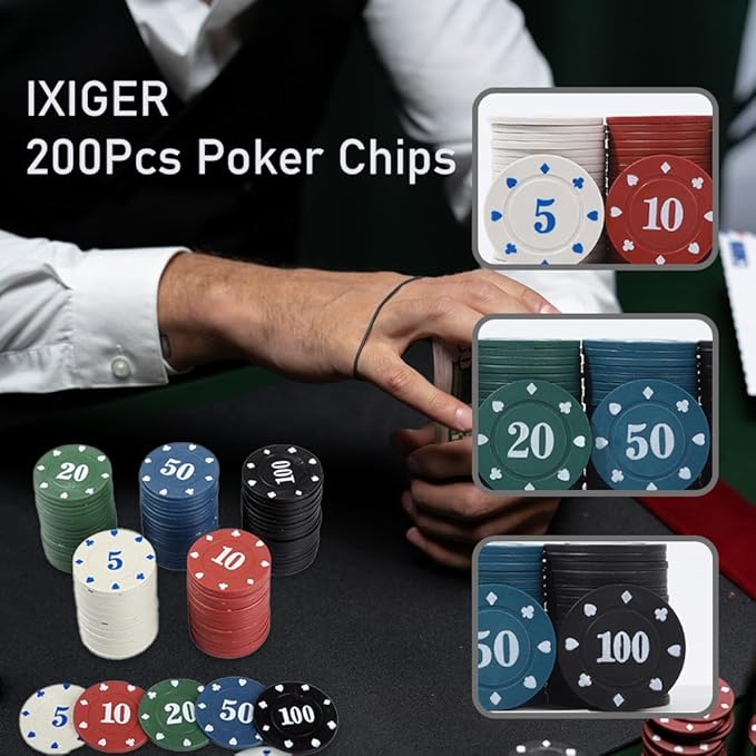 200Pcs Poker Chips, Poker Chips Set with Denominations for Card Board Game, Plastic Game Chips with Black Velvet Pouch Bag, Math Counting Chips,Game Night Party Supplies