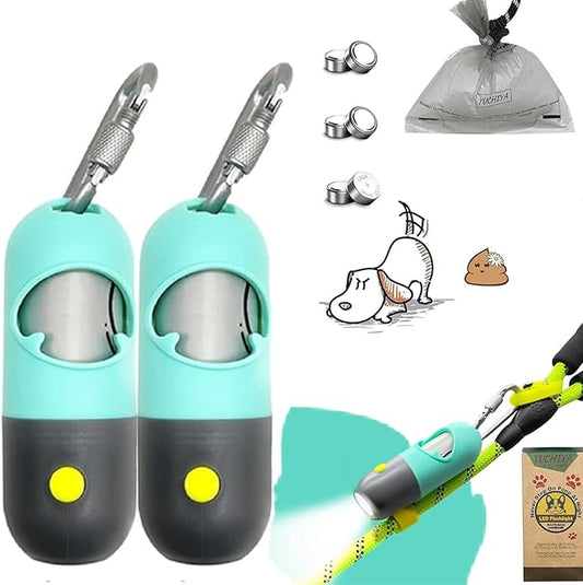 Dog Poop Bag Holder With LED Flashlight | Pet Waste Dispenser for Leash | Doggie Potty Container With Leak-proof Trash Bags and Accessories (2 Holders 30 Bags, Mint Green)