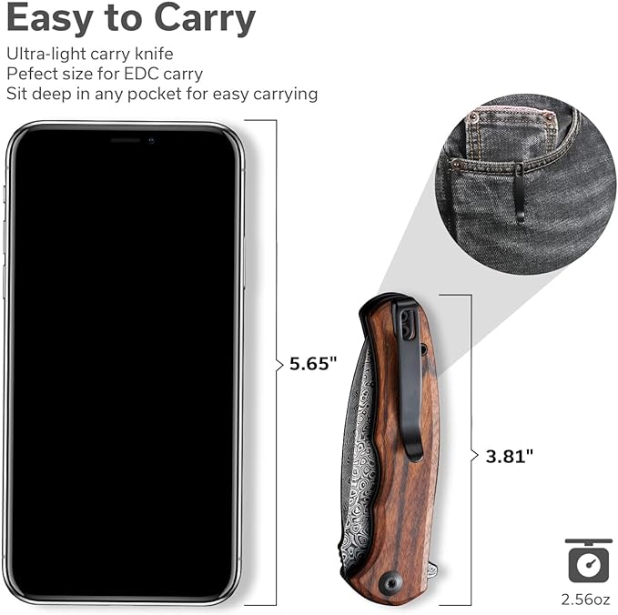 CIVIVI Folding Pocket Knife for EDC, Small Mini Praxis Knife for Men Women, 2.98" Damascus Blade Guibourtia Wood Handle, Sharp Camping Hiking Knives C18026C-DS1