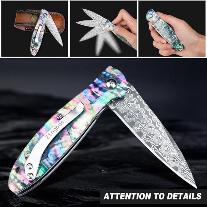 Damascus Pocket Knife for Women, 2.87" Damascus Steel Blade EDC Knives for Men, Abalone Shells Handle, Pocket Knives & Folding Knives for Indoor Outdoor Camping Hiking