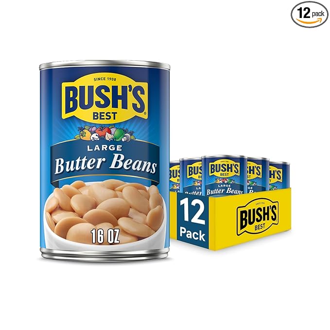 BUSH'S BEST 16 oz Canned Large Butter Beans, Source of Plant Based Protein and Fiber, Low Fat, Gluten Free, (Pack of 12)