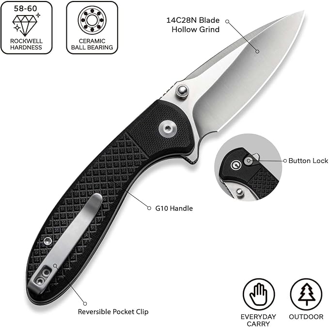 CIVIVI Faeger Pocket Folding Knife for EDC, 2.98" Swedish 14C28N Blade G10 Handle, Reversible Clip for Men Women Outdoor Carry C24031-1 (Black)