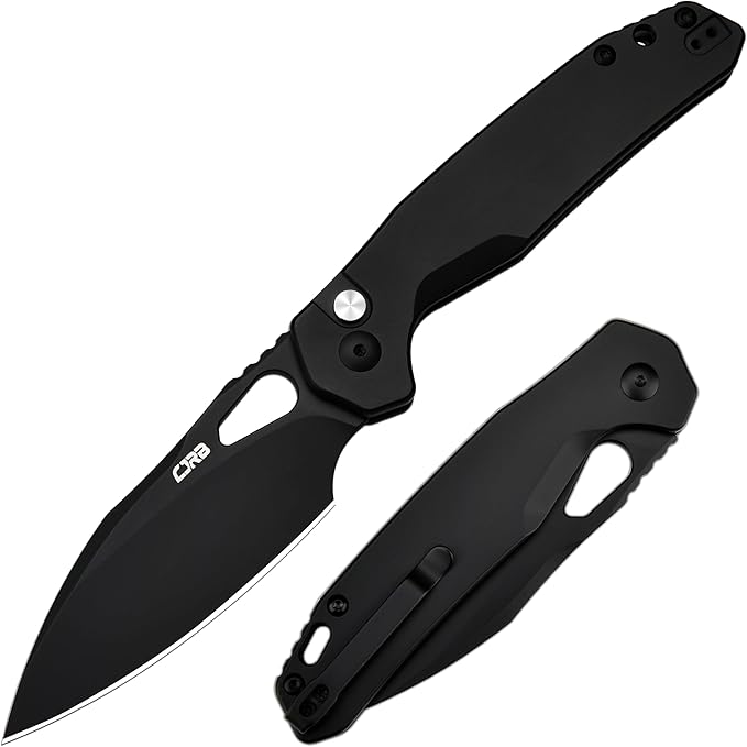 CJRB Frack Pocket Knife, 3.9" AR-RPM9 Steel Blade PVD Coating Steel Handle EDC Knife, Button Lock Knife for Tactical Outdoor Camping Gift, Black (J1931)