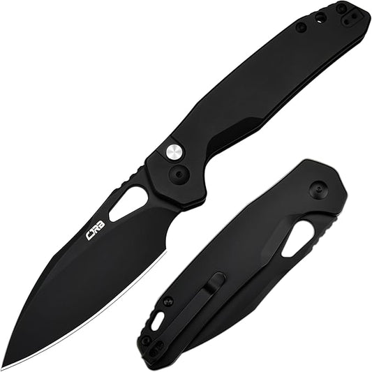 CJRB Frack Pocket Knife, 3.9" AR-RPM9 Steel Blade PVD Coating Steel Handle EDC Knife, Button Lock Knife for Tactical Outdoor Camping Gift, Black (J1931)