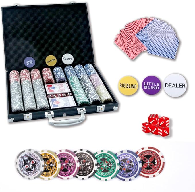 THUNDERBAY 500 Clay Composite Poker Chips Set with Aluminum Case, Two Decks of Playing Cards, Dealer and Blind Button&5 Dices for Poker, Texas Hold'em, Blackjack, Casino Games at Home