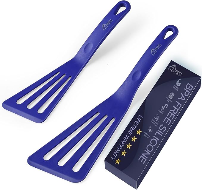 HOTEC 600??Heat Resistant Silicone Slotted Fish Turner Spatula Set, BPA Free Kitchen Cooking Spatulas, for Non Stick Cookware Dishwasher Safe Classic Blue, set of 2