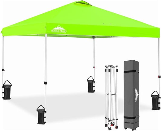 EAGLE PEAK Pop Up Canopy Tent with Wheeled Carry Bag, 8 Stakes, 4 Ropes, 4 Weight Bags, Easy Set Up Tent Canopy, 10x10 ft, 100sqft of Shade, Neon Green