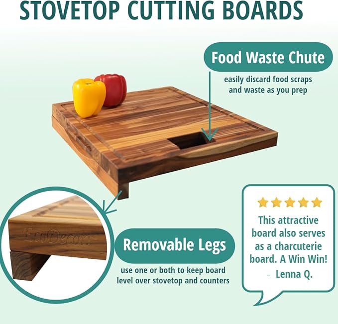 EcoDecors, Teak Edge Grain Cutting Board 17"x18", Solid FSC Teak Wood Butcher Block with Juice Groove, Waste Slot & Handles, Wooden Cutting Board for Kitchen, Carving & Stove-Top Prep