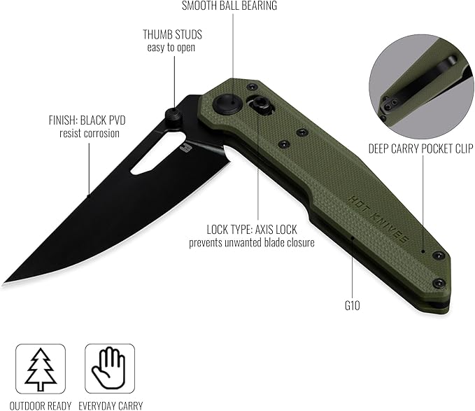 Sharplyn Folding Pocket Knife, 3.6" 14C28N Steel Blade with Black PVD Non-Slip OD Green G10 Handle Lightweight EDC Knife for Men Women Sharp Clip-On Knives for Camping Survival Hiking