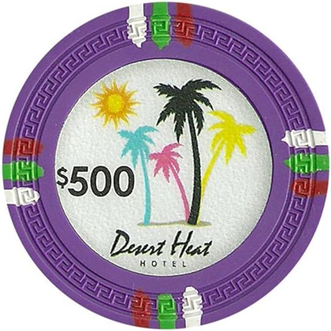 13.5-gram Desert Heat Premium Poker Chips (50-Pack) Heavy Clay Composite Set - Bulk Casino Chips with Denominations for Texas Holdem, Blackjack - Betting Game Accessories ($500 Purple)