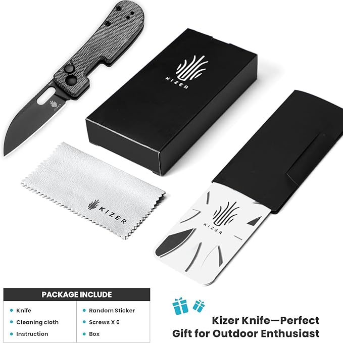 Kizer Banish Folding Pocket Knife, 2.3"" 154CM Steel Blade Small EDC Knife, Micarta Handle Mini Utility Knife for Men Women Sharp Camping Survival Hiking Knives, V2676C1, Black