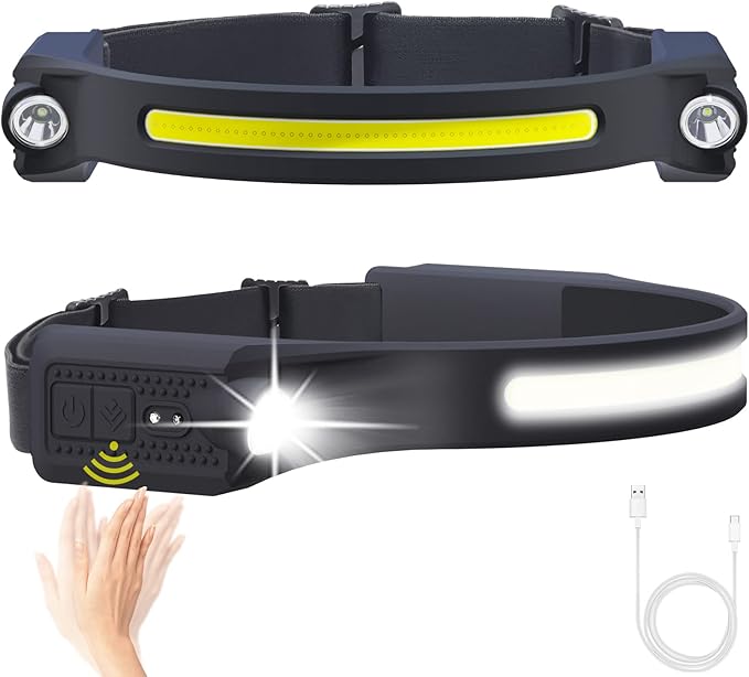 AlpsWolf LED Headlamp Rechargeable, 2 XPE LED and COB LED Head Lamp, Sensor Mode, 260° Wide Beam, IPX4 Waterproof, Rechargeable Headlight for Camping Accessories (2 Pack)