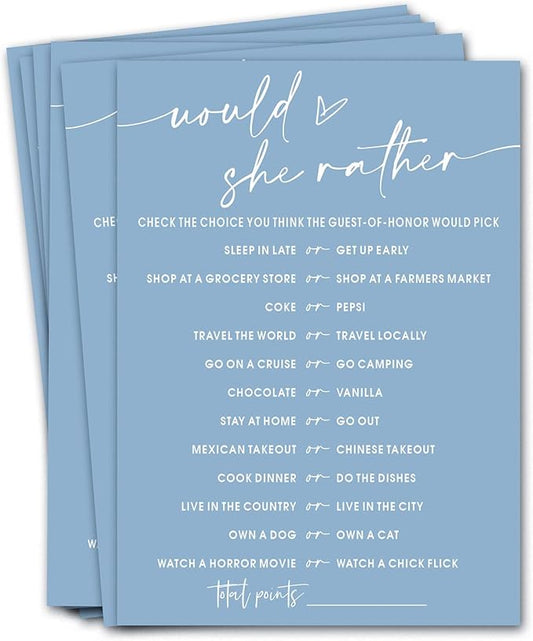 Bridal Shower Games Cards, Would She Rather Bridal Shower Game for 25 Guests, Engagement Party Wedding Games for Guests, Minimalist Blue Wedding Party Supplies - B11