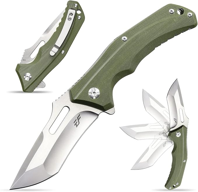 Eafengrow EF908 Pocket Knife Sanding Finished D2 Steel Blade G10 Handle Pocket Clip and Liner Lock with Titanium Coating Tactical Camping Survival Tool Knives (GREEN)