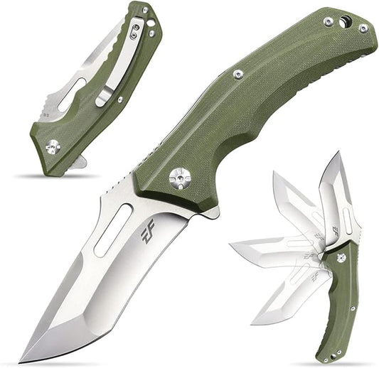 Eafengrow EF908 Pocket Knife Sanding Finished D2 Steel Blade G10 Handle Pocket Clip and Liner Lock with Titanium Coating Tactical Camping Survival Tool Knives (GREEN)