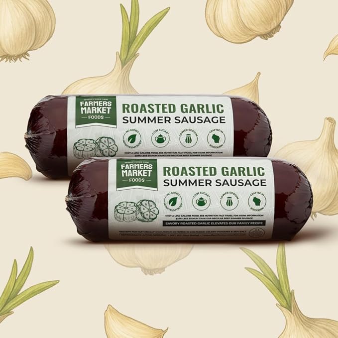 Farmers Market, Gluten Free, Keto, Paleo, Low Sodium, Zero Sugar, Summer Sausage Gift Set, 2-Pack, Roasted Garlic