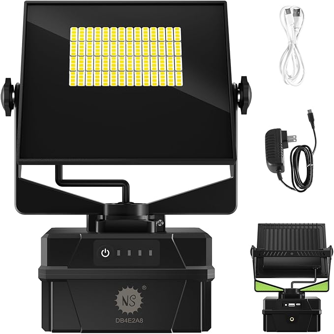 LED Rechargeable Work Light,IP67 Waterproof 9000LM Super Bright Flood Lights，Equipped with 4400 mAh Battery, 5 Brightness Modes Temporary Work Light for Car Repairing, Job Site Lighting, Emergency
