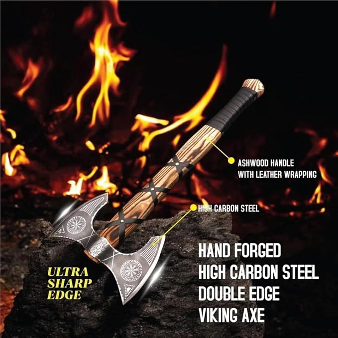 Viking Axe of Ragnar Lothbrok Norse Hunting Axes Sharp Blade Hunting Axe, High Carbon Steel Blade with Rose Wood Handle Camping Axes Viking Hatchet Gift for Dad (Double Head Axe)