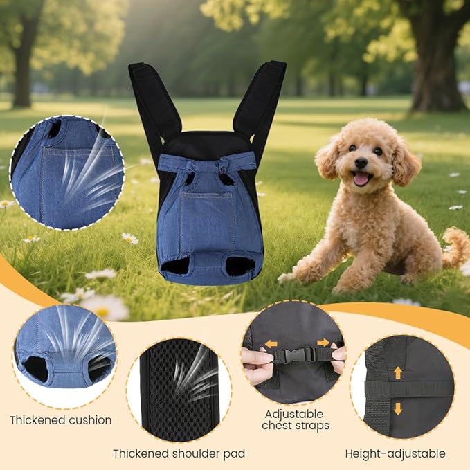 Inspack Dog Backpack Carrier/Cat Carrier, Adjustable Pet Front Carriers Travel Bag for Puppy Med Dogs, Legs Out, Soft Ventilated Dog Chest Carry Backpacks for Hiking/Camping, 2.5-4 lbs, Indigo Denim