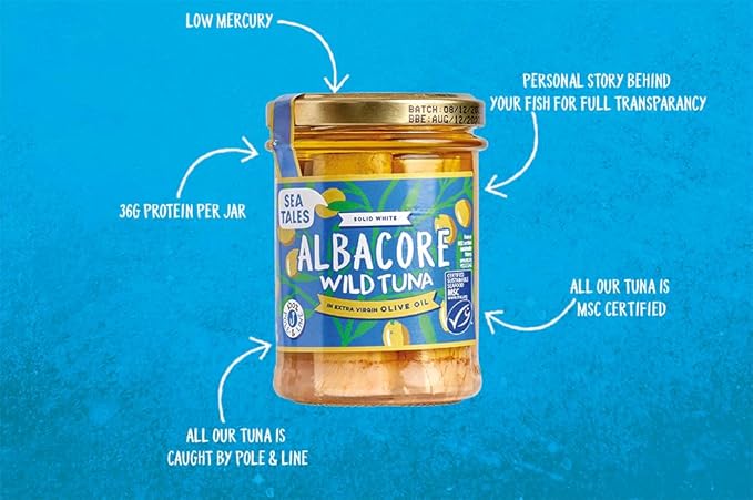 Sea Tales Albacore Fillets in Extra Virgin Olive Oil in Jar - 100% Pole & Line Wild Sustainably Caught - High Protein Food - Keto Friendly - 7 oz. Jars (Pack of 6)