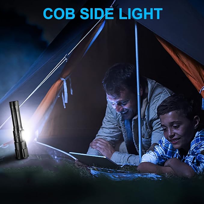 Rechargeable LED FLashlights 8000 High Lumens, Super Bright LED Tactical Flashlight with Power Display, Zoomable, with COB Lightï¼?Waterproof,Powerful Handheld Flashlight for Camping,Hiking 2 Pack