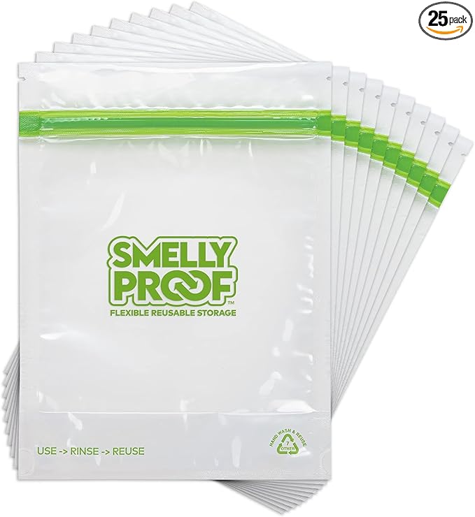 Smelly Proof 25 x Expandable Stand & Fill REUSABLE Storage Bags for Food Designed & Mfg in US, BPA FREE, NO PEVA, Reusable Sandwich Bags, Dishwasher-Safe, Clear 3 mils STAND UP 6.5" x 7.5" - 25pk