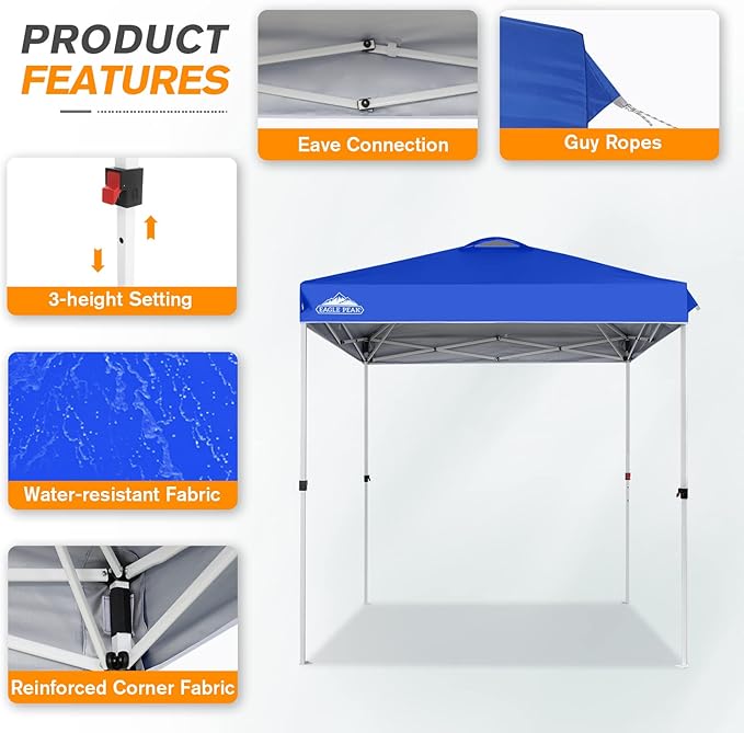 EAGLE PEAK Pop Up Canopy Tent with Wheeled Carry Bag, 8 Stakes, 4 Ropes, Easy Set Up Tent Canopy, 6.6x6.6 ft, Blue