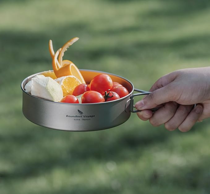 Boundless Voyage Titanium Pots Pans Set Camping Cookware 500ml 600ml 700ml Bowls Outdoor Portable Lightweight Stackable Cooking Kit with Folding Handle 3 Pieces Set Tableware for 1-3 Person Ti2032C