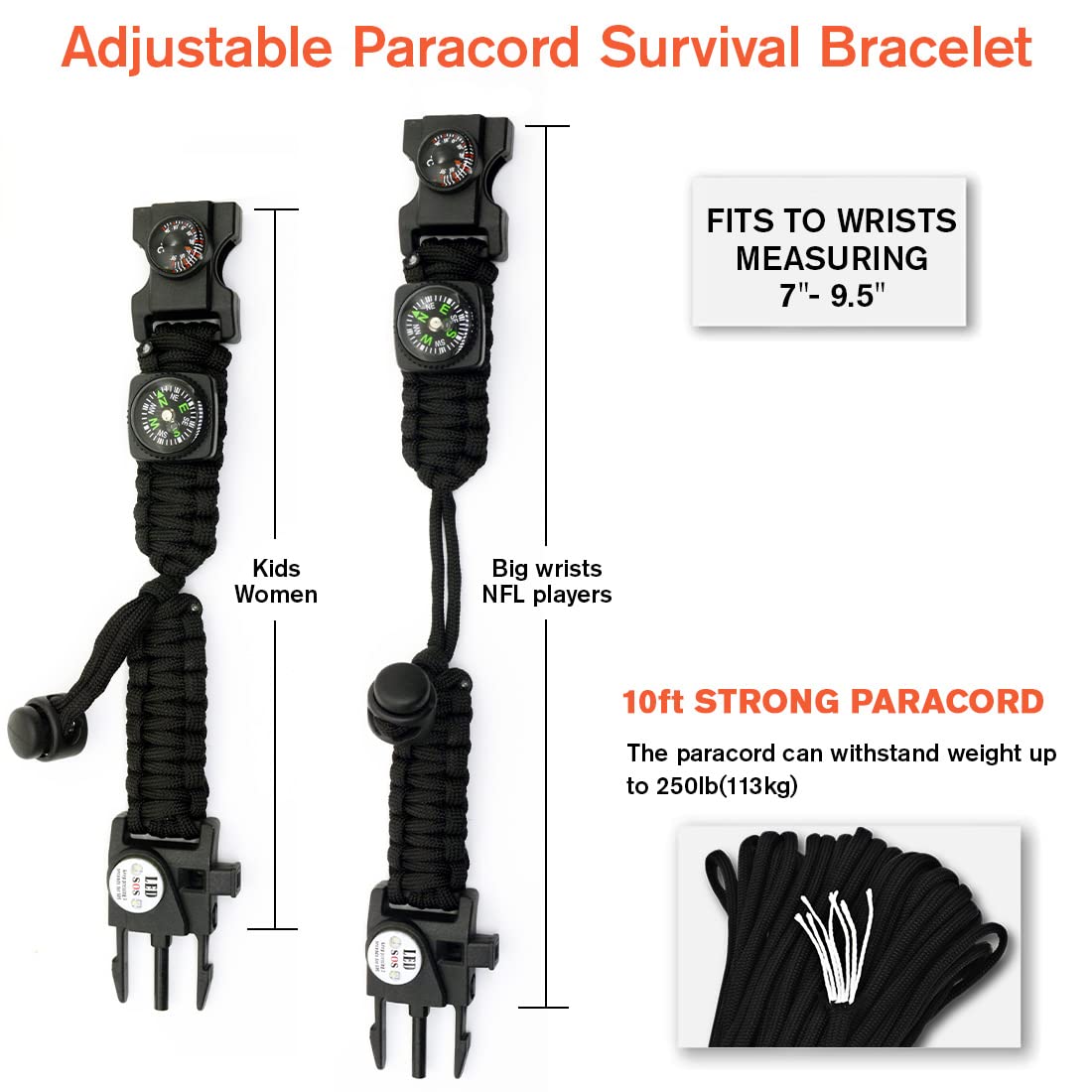 NVioAsport 20 in 1 Paracord Bracelet, Adjustable Gear Kit with SOS LED Light, Fire Starter, Bigger