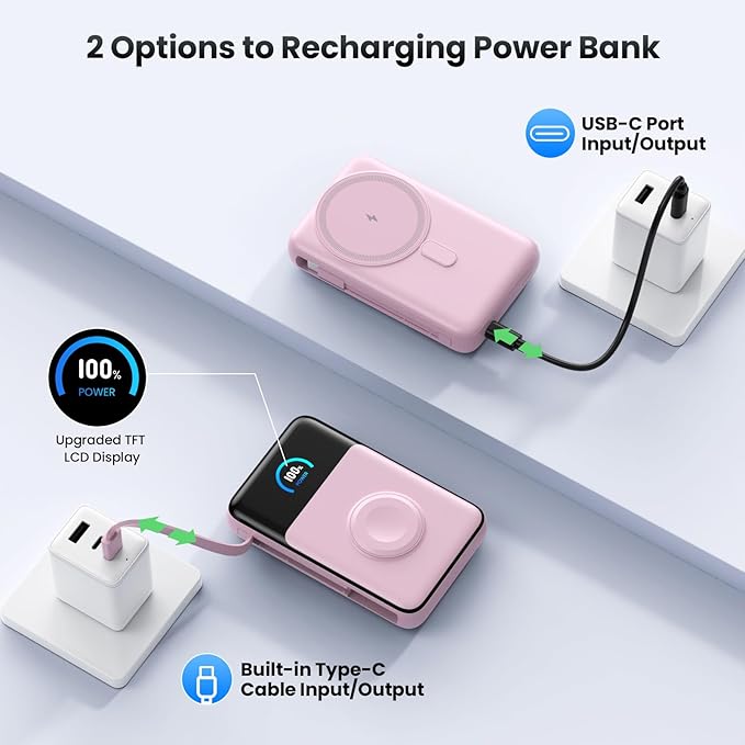 Magnetic Portable Charger 10800mAh with Built-in Cables,5-in-1 Qi2 Certified 15W Wireless Power Bank with iWatch Charger,30W PD Fast Charging USB-C Battery Pack for iPhone 17/16/15/14/13/12-Pink