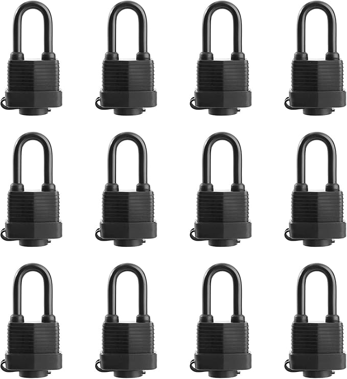 Waterproof Padlocks Keyed Alike for Outdoor use, Covered Heavy Duty Laminated Steel Lock, 1-9/16 Inch. Wide, Long Padlock, Pack of 12