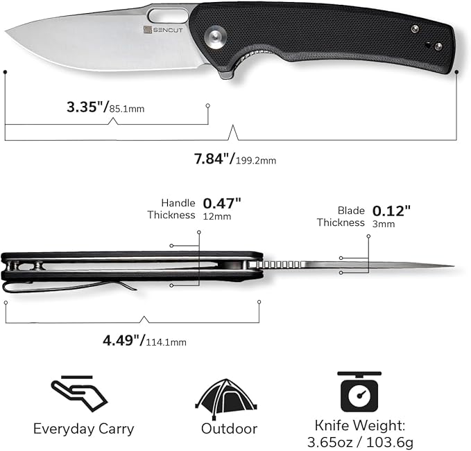 SENCUT Pocket Knife for Men, Vesperon Folding Knives for EDC, 3.35" Blade G10 Handle, Liner Lock knives for Outdoor Indoor S20065-1 (Black)