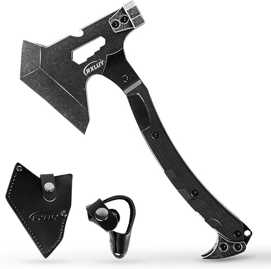 Tactical Axe with G10 Handle Camping Survival Hatchet, Multifunctional Outdoor Hiking Heavy Duty Full Tang Tomahawk Tools with Hammer, Unique Design Crowbar, Leather Sheath (Black)
